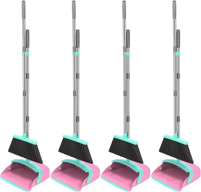 NACENA Broom and Dustpan Set, 52-in Long Adjustable Handle Broom Dustpan Combo with Dustpan Teeth to Automatically Clean Hair Suitable for Home Kitchen Office Hall Floor (Pink&Blue), 4 Pack