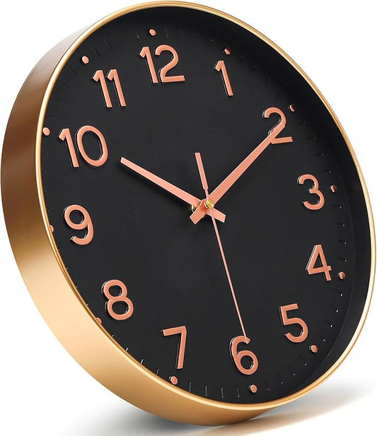 MEIRED Wall Clock 12 Inch Silent Non Ticking Battery Operated Round Wall Clock Modern Simple Style Decor Clock for Home/Office/School/Kitchen/Bedroom/Living Room, Black and Gold