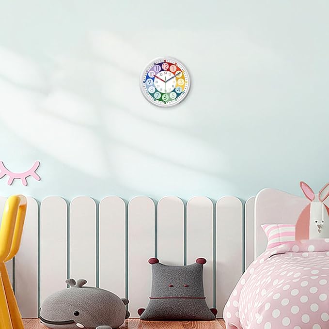 XFM Teaching Clocks Kids Colorful Small Wall Clock Battery Operated 10 Inch Silent Wall Clock Bedroom Analog Clock Teach Kids How Tell Time