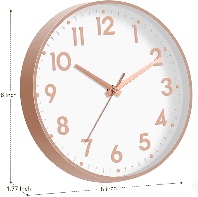 Mosewa Wall Clock 8 Inch, Battery Operated Silent Non-Ticking Modern Analog Clock Decorative for Kitchen, Bedroom, Office(Rose Gold)