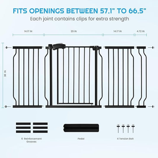 Extra Wide Baby Gate for Stairs Doorways with Door, 30" Tall 57.1-66.5" Wide Easy Install Dog Gate Indoor, Safety Metal Pressure Mounted Pet Gate with Walk-Thru Auto Close for the House, Black