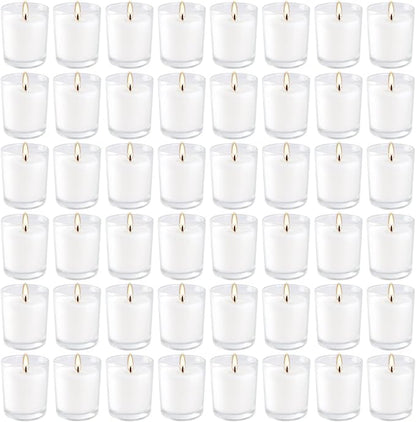 48 Pack White Unscented Clear Glass Filled Votive Candles. Hand Poured Wax Candle Ideal Gifts for Home Décor Parties Weddings Holidays and Meditation (White)