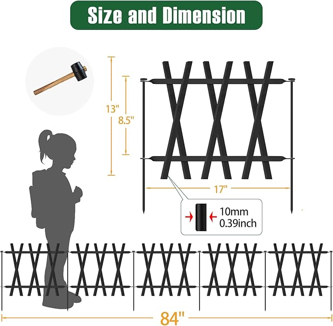 Metal Decorative Garden Fence Rustproof Animal Barrier No Dig Decorative Fencing for Dogs,Pet, Yard,& Patio, Landscape, Border，Easy Installation 13" H×7 Ft (5 Panels)