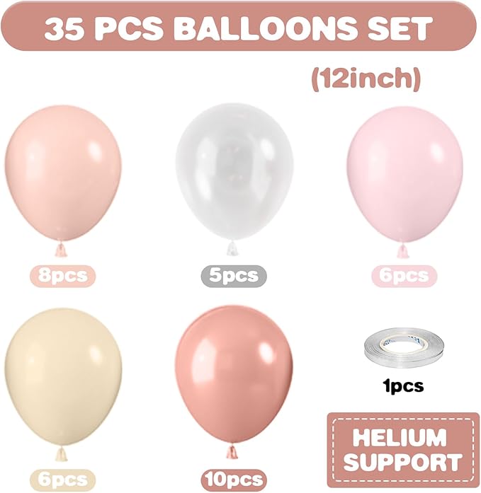 Dusty Pink Balloons, 12 Inch Pastel Pink Balloons, Blush Macaron Orange White Transparent Latex Balloon for Girl Baby Shower Gender Reveal Romantic Wedding Engagement Party Decorations