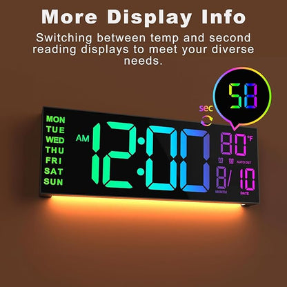 JALL 13" Large Digital Wall Mount Clock, Count Down Timer, Alarm, Big LED, 8 RGB Color, DST, Temperature for Living Room Classroom Desk, Xmas, Birthday Gift for Senior Mom Dad