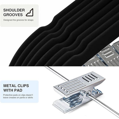36-Pack Black Velvet Hangers with Clips Adjustable,Adult Hangers,Heavy-Duty,Felt,Non-Slip,Space Saving,Slim Outfit Hanger for Pants, Skirts, Suits,Coats, Dresses ect.