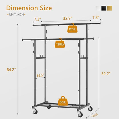Double Rod Garment Rack with Wheels, Heavy Duty Rolling Clothes Rack For Hanging Clothes, Portable Metal Clothing Rack with Shelves,Black, 64.2inch Chrome