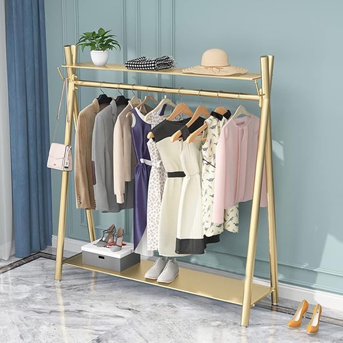 MAIKAILUN Freestanding Industrial Gold Clothes Rack with Double Shelves, Heavy Duty Movable Coat Rack for Organizing Clothes and Shoes (47'' L)