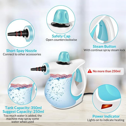 Handheld Pressurized Steam Cleaner with 12 pcs Accessories, Portable Steamer for Cleaning, Steam Cleaner for Home Use, Steamer for Cleaning Car, Furniture, Floor, Upholstery, Grout and Tile, Blue