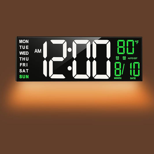 TrophyRak 16" Large Digital Wall Mount Clock, Count Down Timer, Alarm, Big LED, RGB Color, DST, Temperature for Living Room Classroom Desk, Wall, Xmas, Birthday Gift for Senior Mom Dad, White Green