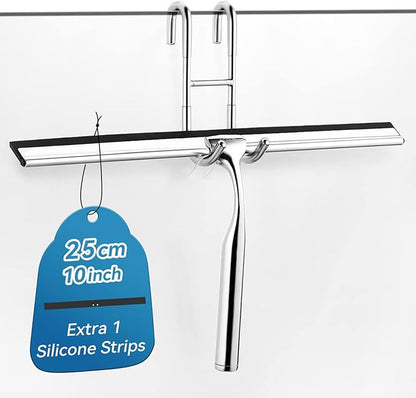 ecooe Stainless Steel Shower Squeegee with Hook, 10" (25.4cm) Shower Glass Cleaner Squeegee Wiper Scraper with 1 Replacement Blade, Window Squeege for Home Bathroom Kitchen Car Glass Doors