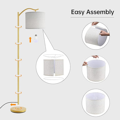 BoostArea Floor Lamp for Living Room,LED Arched Standing Lamp,Tall Modern Standing Lamp with Linen Shade,E26 Socket,Footswitch,Mid Century Gold Floor Lamps for Bedrooms,Office,Double-Layer lampshade