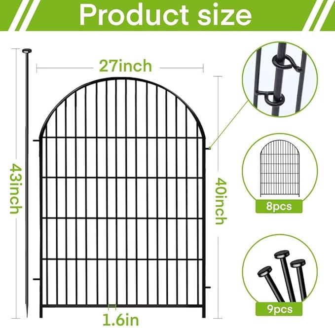 ADAVIN Garden Fence Animal Barrier with Gate 40 in(H)×17.5 Ft(L) 8 Panels,Rustproof Metal Wire Tall Fencing Border for Dogs Rabbits,Outdoor no dig pet Fences,Black Flower Edging for Yard,Arched