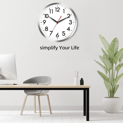 AKCISOT Wall Clock 10 Inch Silent Wall Clocks Battery Operated Non Ticking - Modern Silver Clock Decorative for Kitchen, Bathroom, Bedroom, Living Room, Office, Home(Silver)