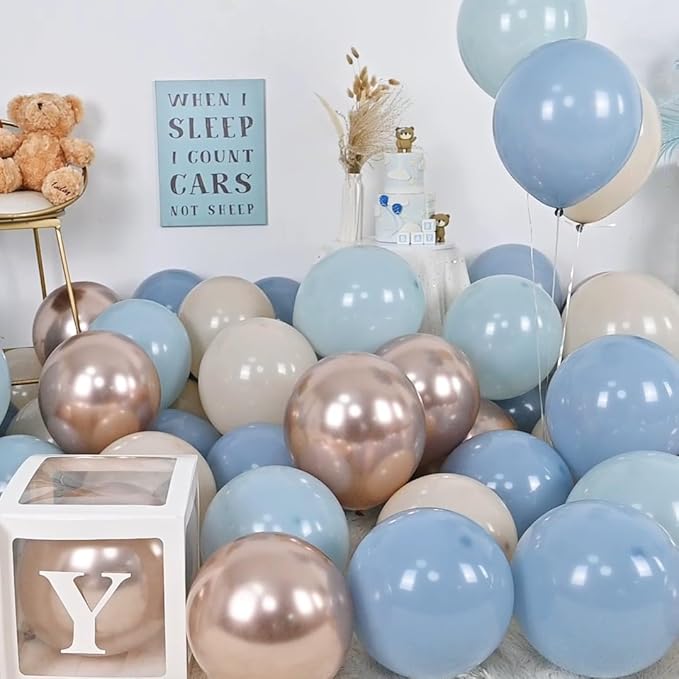 Dusty Blue and Gold Balloons, 60 PCS 12 Inch Slate Fog Pastel Baby Blue Sand White and Gold Balloons for Baby Boy Shower Bridal Shower Birthday Wedding Party Decorations