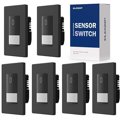 ELEGRP Occupancy Motion Sensor Light Switch, PIR Infrared Motion Activated Wall Switch, No Neutral Wire, Single Pole for CFL/LED/Incandescent Bulb, Wall Plate Included, UL Listed (6 Pack, Matte Black)