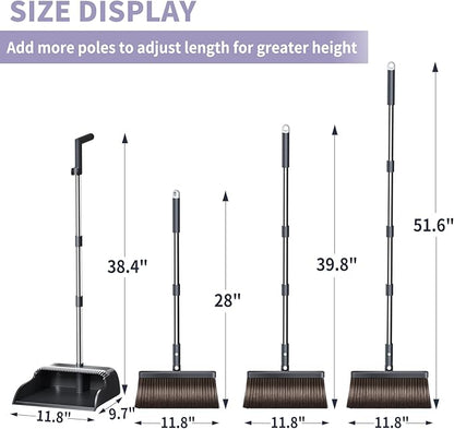 Broom and Dustpan Set, 51.6" Long Handle Broom with Dustpan Combo Set with Dustpan Teeth & Two Broom Heads, Brooms with Dust Pan for Sweeping Indoor Home Kitchen Office Lobby Pet Hair