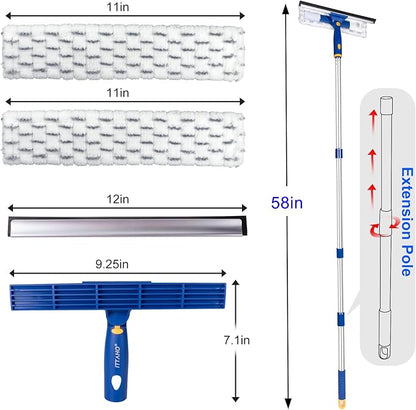 ITTAHO Squeegee for Window Cleaning with Extendable Pole, 53" 2-in-1 Window Cleaning Tool Kit, Shower Squeegee with Long Handle, Indoor/Outdoor High Window Cleaning-Two Pads