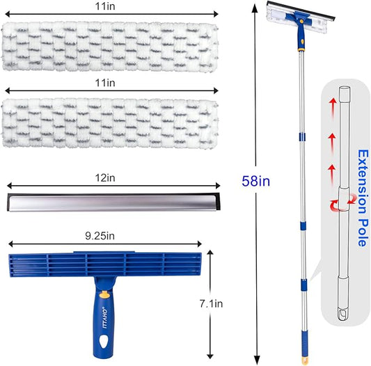 ITTAHO Squeegee for Window Cleaning with Extendable Pole, 53" 2-in-1 Window Cleaning Tool Kit, Shower Squeegee with Long Handle, Indoor/Outdoor High Window Cleaning-Two Pads