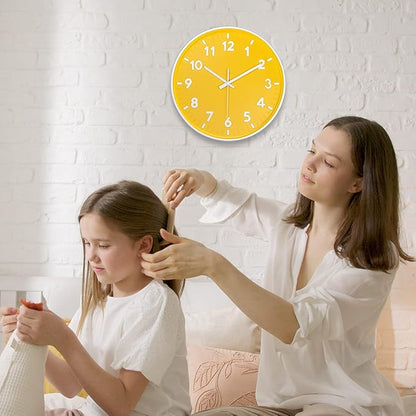 JENLYSTIME 12 Inch Modern Indoor Outdoor Clock,Round Bright Colorful Dial,Non Ticking Silent Quartz Battery Operated Wall Clocks,Easy to Read Simple Style Decor Clock for Bedroom,Kitchen(Yellow)