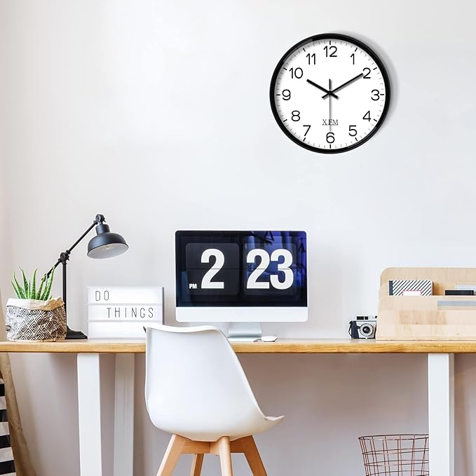 XFM Black Wall Clock 10 Inch Modern Small Wall Clocks Battery Operated Silent Non Ticking Classic Analog Clock for Kitchen Home Office Bedroom Decor