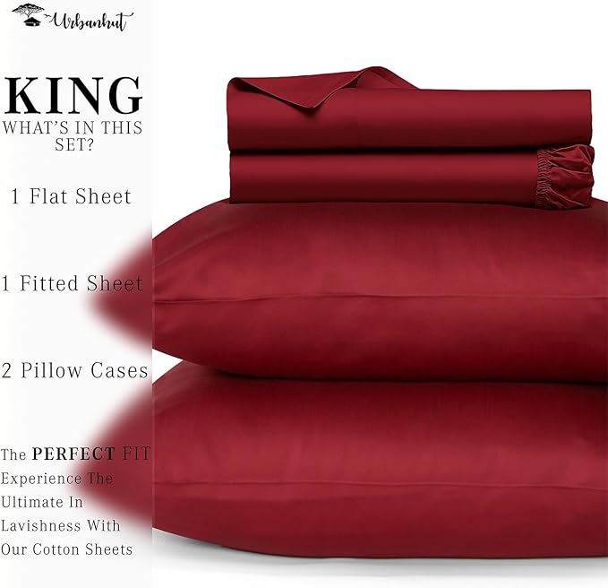 URBANHUT 800 Thread Count Egyptian Cotton Sheets Set King Size, 4 Pc Bed Sheet Sets For King Size Bed, Luxury Hotel Sateen Sheets Fits 16" Deep Pocket - Burgundy