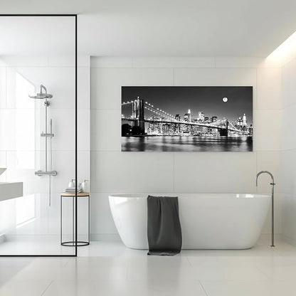 Baisuart-Q30398 Brooklyn Bridge Night View 1 Panels Landscape Artwork Canvas Prints Moon Night New York City Scene Picture Paintings Black and white Wall Art for Oiffce Home Decorations Wall Decor