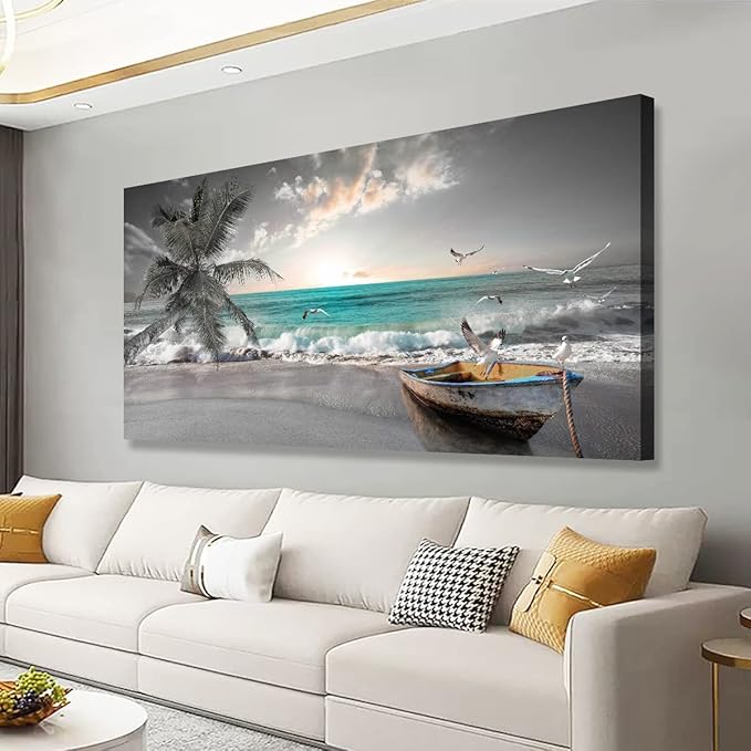 Beach Sea Wave Pictures Canvas Wall Art For Living Room Bedroom Wall Decor,Sea Wave Wall Art Print Paitnings For Home Decor,Morden Artwork Palm Boat Canvas Art Waterproof Ready To Hang-24x48 Inches