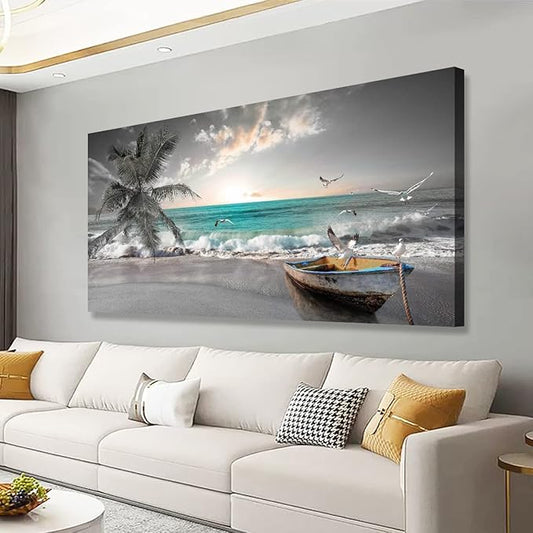 Beach Sea Wave Pictures Canvas Wall Art For Living Room Bedroom Wall Decor,Sea Wave Wall Art Print Paitnings For Home Decor,Morden Artwork Palm Boat Canvas Art Waterproof Ready To Hang-24x48 Inches