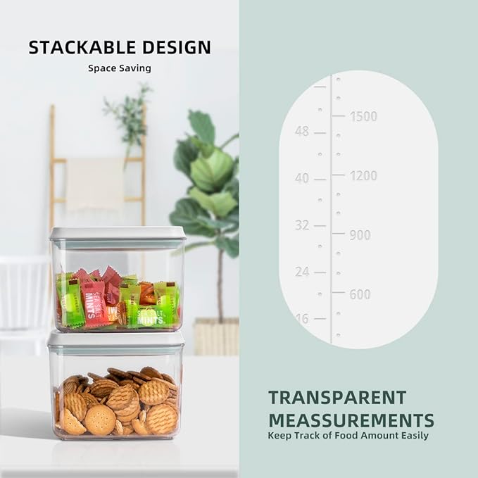 8-Piece Set of Pop Airtight Food Storage Containers with Lids Stackable Containers for Kitchen Pantry Organization Ideal for Cereal Snacks Flour Sugar Coffee and Spaghetti (1.2, 2.0, 2.7, 3.3qt)*2