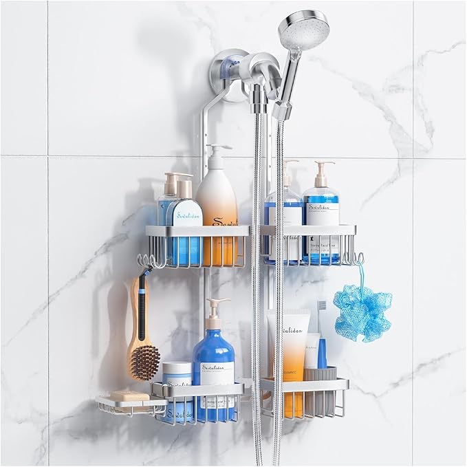 Aluminum Alloy Hanging Shower Caddy for Handheld Shower Heads,Rustproof Hose Shower Organizer 4 Levels Height Adjustable Shower Rack with Hooks,Razor Holder,Soap Holder