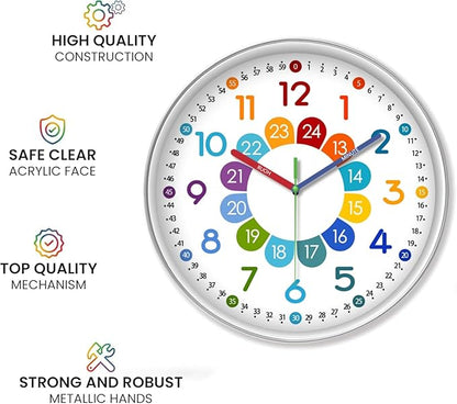 XFM Silent Kids Wall Clock Battery Operated 12 Inch Non Ticking Kids Teaching Clock Colorful Analog Learning Clock Decorative for Kids Room Classroom School