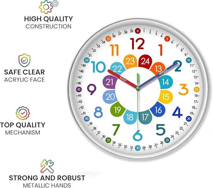 XFM Kids Wall Clock for Bedroom 14 Inch Round Colorful Learning Clock Children's Silent Non-Ticking Educational Analog Clock for Boys and Girls Classroom Home Decor