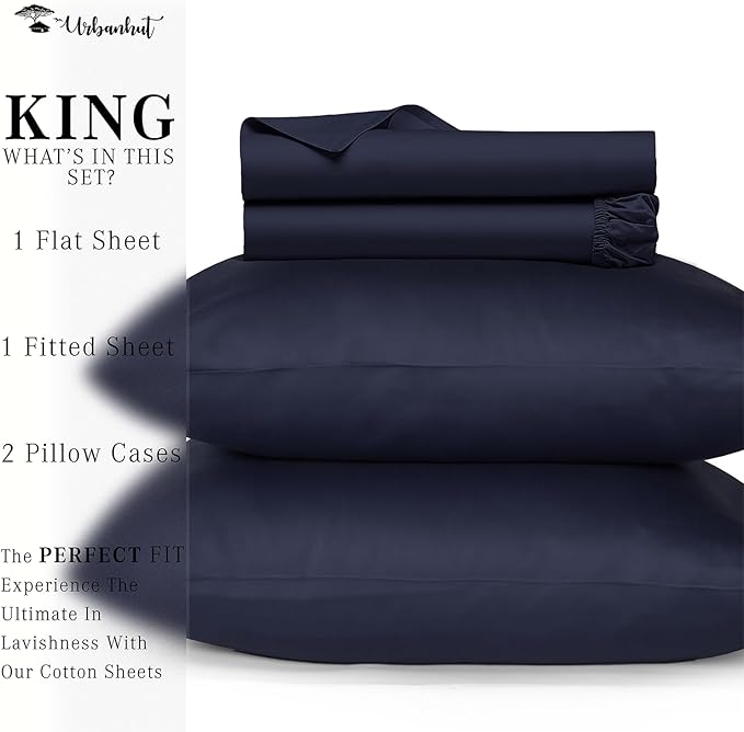 URBANHUT King Size Sheets - Egyptian Cotton, 4 Pc Bed Sheet Set, Luxury Hotel Sateen, Fits 16" Deep Pocket - Navy Blue