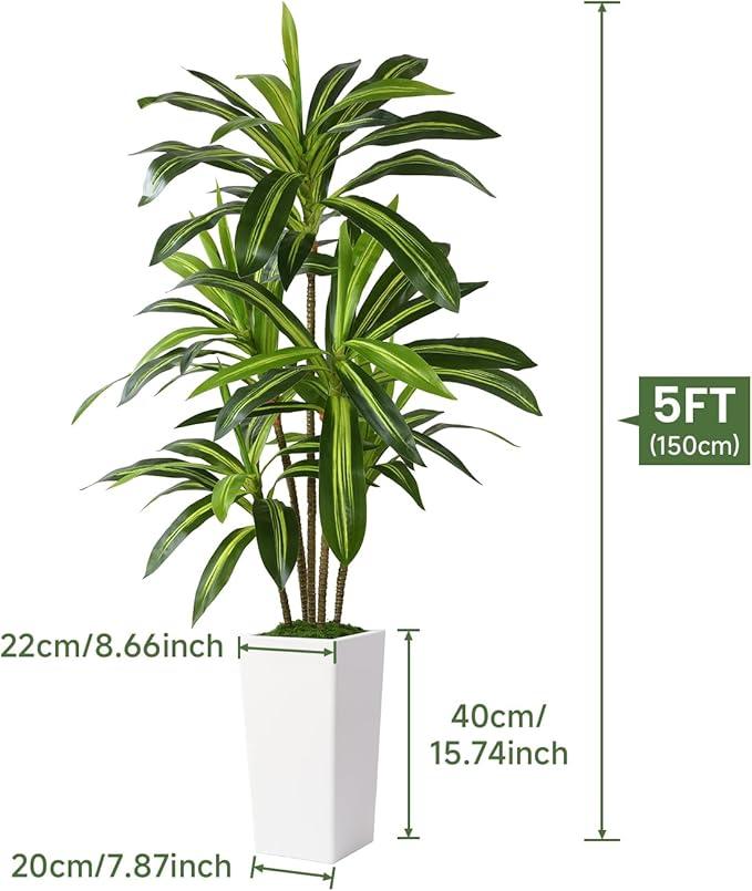Artificial Dracaena Fake Tree 5FT, White High Pot Artificial Plants Indoor&Outdoor, Fake Plants for Office/Home/Living Room Potted Decoration, 5ft