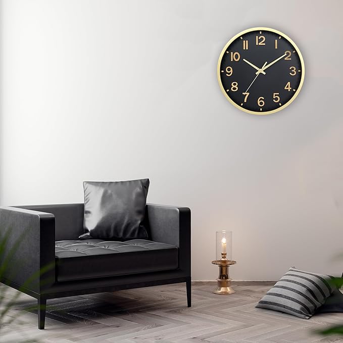 Wall Clocks Battery Operated 12 inch Modern Wall Clock,Silent Non Ticking Wall Clock for Living Room Bedroom Kitchen Office Classroom Decor (Black Gold)