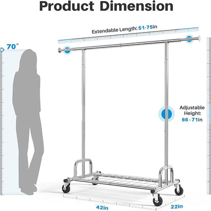 HOKEEPER Clothing Garment Rack Capacity 525LBS Clothing Racks on Wheels Rolling Clothes Rack for Hanging Clothes Heavy Duty Collapsible Commercial