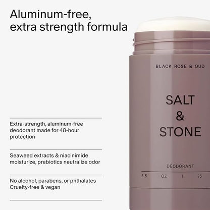 SALT & STONE Aluminum Free Deodorant | Extra Strength 48 Hour Protection for Women & Men | Made with Seaweed Extracts, Niacinamide & Prebiotics (Black Rose & Oud)