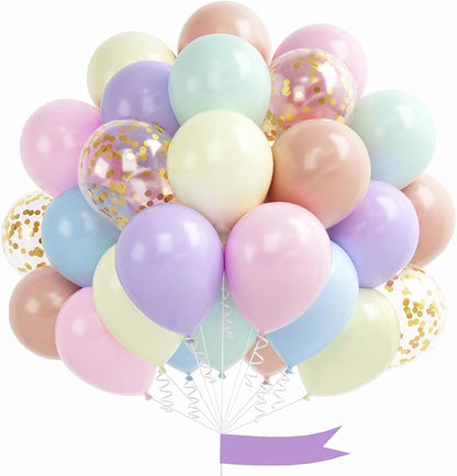 Pastel Balloons, 60 Pcs 12 Inches Macaron Pink Blue Purple Green Yellow Orange Color Balloon Gold Confetti for Birthday Baby Shower Wedding Rainbow Pastel Party Decorations