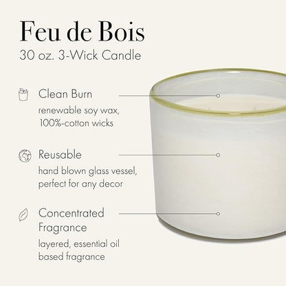 LAFCO New York 3-Wick Candle, Feu de Bois - 30 oz - 120-Hour Burn Time - Reusable, Hand Blown Glass Vessel - Made in The USA