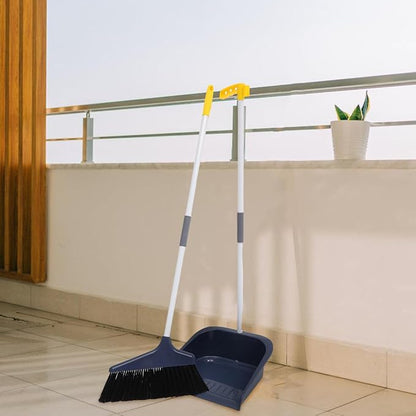 Broom and Dustpan Set Heavy Duty with Long Handle, Soft Bristle Broom and Large Dustpan for Home Cleaning, Pet Hair Removal, Indoor Floor Sweeping, White