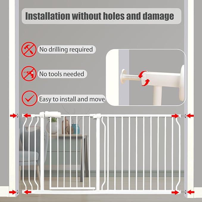 Heavy Duty Baby & Dog Safety Gate - Extra Wide 76.4-81.1 Inch, White Metal, Tension Mounted No Drilling Pet Gate for Stairs & Doorways, 30 Inch Tall