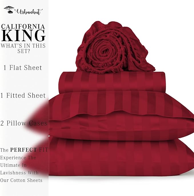 URBANHUT 800 Thread Count Egyptian Cotton Damask Striped California King Size Sheets Set (4 Pc) - Ultra Soft Sateen Weave Cal King Size Bed Sheets, Luxury Hotel Sheets with 16" Deep Pocket - Burgundy