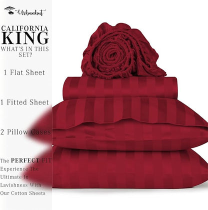 URBANHUT 800 Thread Count Egyptian Cotton Damask Striped California King Size Sheets Set (4 Pc) - Ultra Soft Sateen Weave Cal King Size Bed Sheets, Luxury Hotel Sheets with 16" Deep Pocket - Burgundy