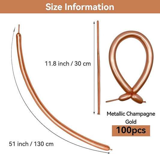 Metallic Champagne Gold Long Balloons Premium 260 Twisting Animals Magic Balloons for Birthday Kids Wedding Party Supply 100pcs