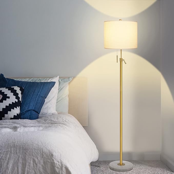Modern Floor Lamp for Living Room, Adjustable Height Standing Lamp with Marble Base, 3-Way Dimmable Gold Brass Tall Pole Light with White Linen Shade for Reading, Bedroom, Chain Switch, Bulb Included