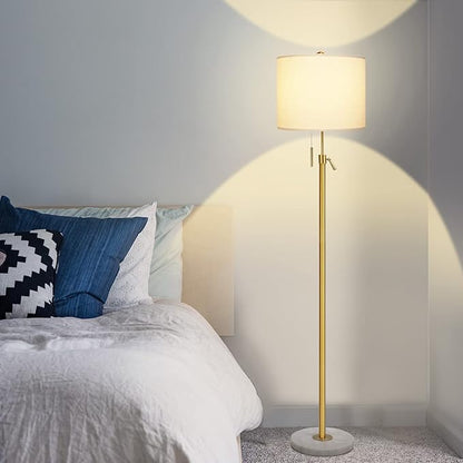 Modern Floor Lamp for Living Room, Adjustable Height Standing Lamp with Marble Base, 3-Way Dimmable Gold Brass Tall Pole Light with White Linen Shade for Reading, Bedroom, Chain Switch, Bulb Included