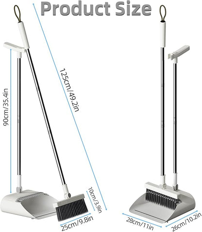 Upgrade Broom with Dustpan Combo Set, Broom and Dustpan Set with Adjustable Handle，Self-Cleaning Dustpans Teeth for Home Kitchen Office Hall Floor，ZeroGap Lip （White&Grey）