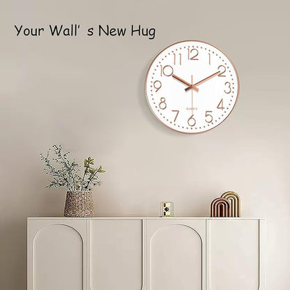 Modern Silent Wall Clock - 12 Inch Wall Clocks Battery Operated Large Number, Non-Ticking Analog Clock with Tempered Glass Quartz Clocks for Living Room Bedroom Office Kitchen, Rose Gold