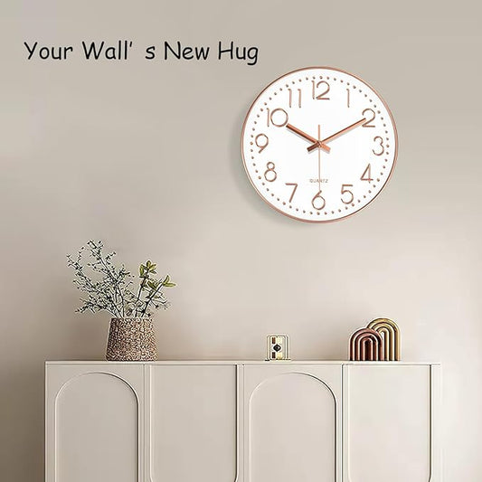 Modern Silent Wall Clock - 12 Inch Wall Clocks Battery Operated Large Number, Non-Ticking Analog Clock with Tempered Glass Quartz Clocks for Living Room Bedroom Office Kitchen, Rose Gold